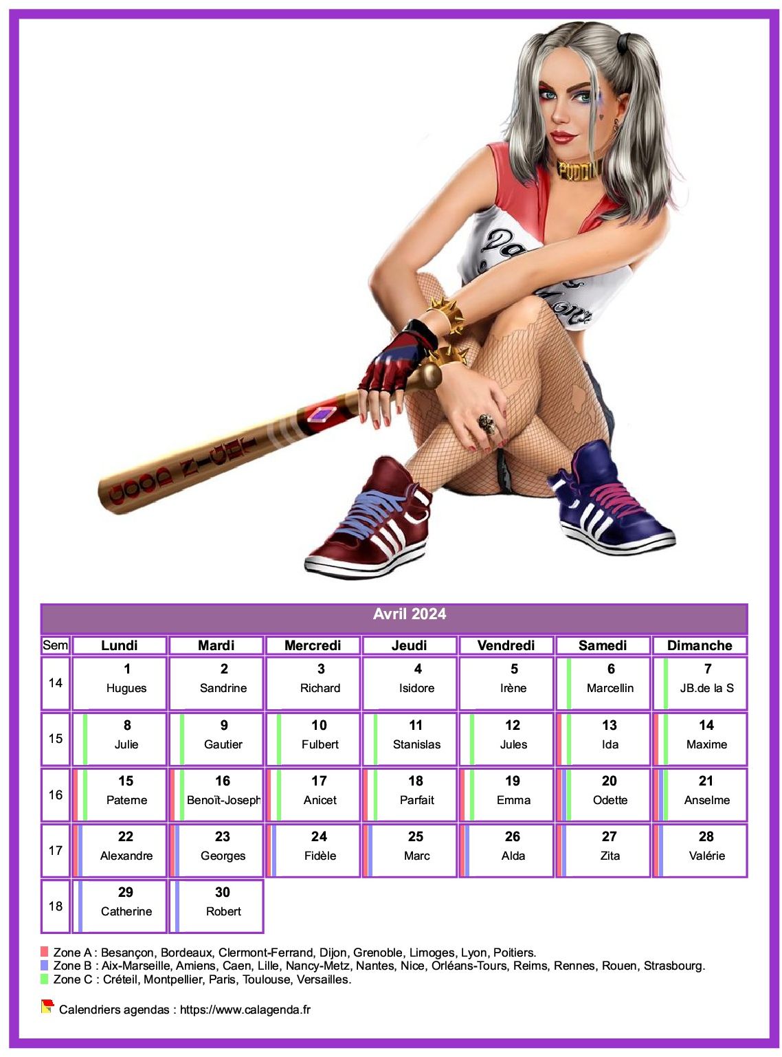 Calendrier avril 2024 femmes