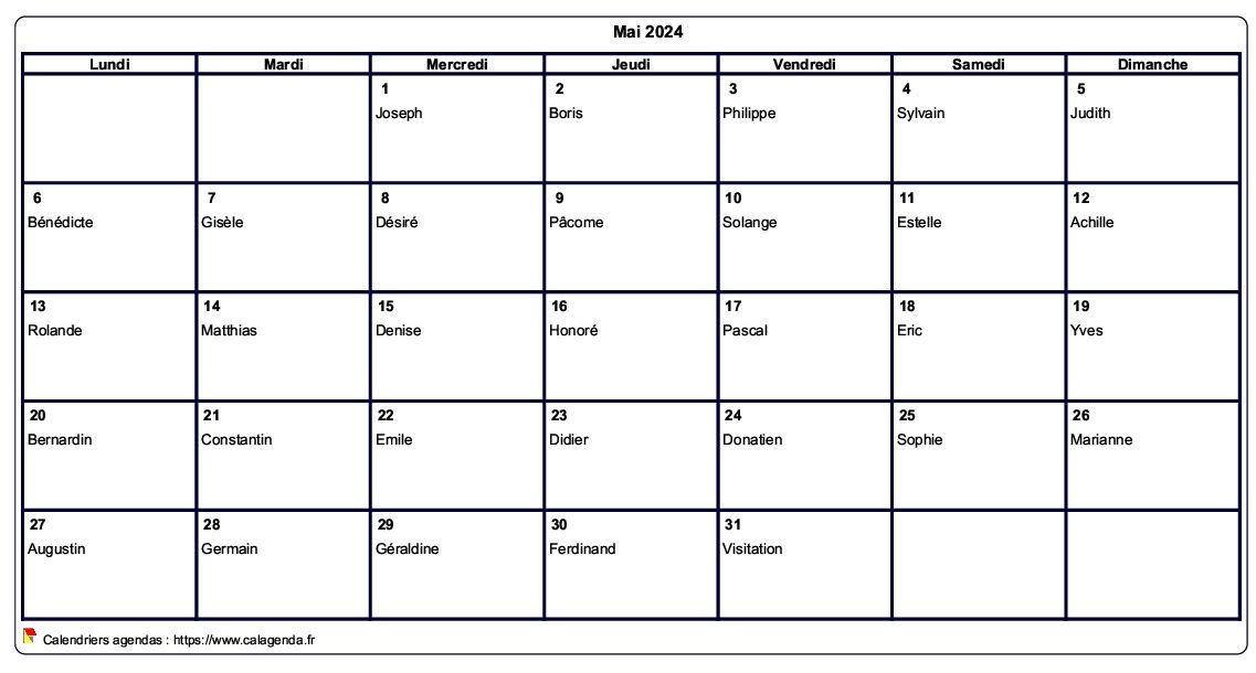 Calendrier mai 2024 à imprimer vierge, avec les fêtes Calendrier mai 2024 à imprimer vierge, avec les fêtes