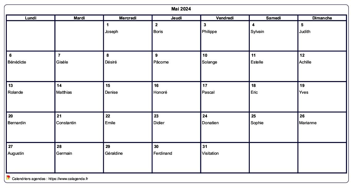 Calendrier mai 2024 à imprimer vierge, avec les fêtes