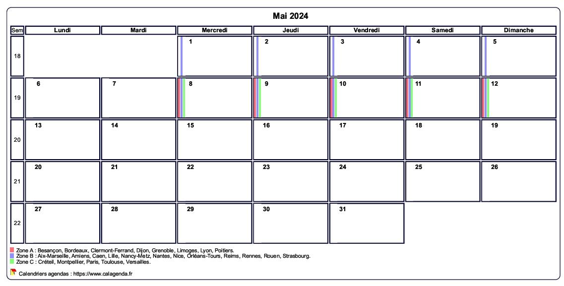 Calendrier mai 2024 personnalisable avec les vacances scolaires