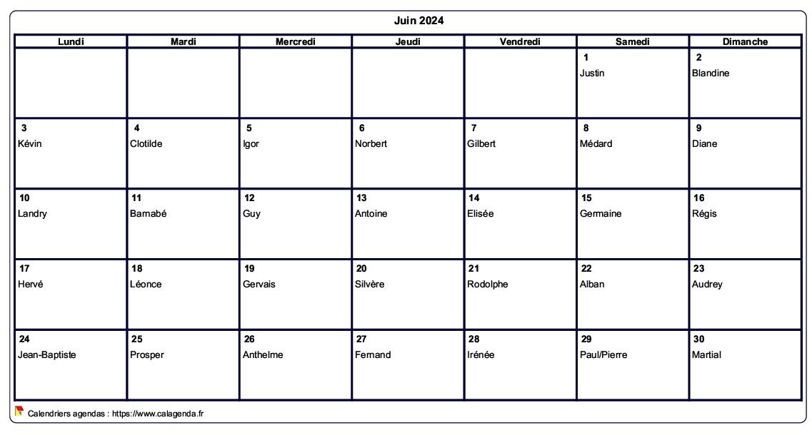 Calendrier juin 2024 à imprimer vierge, avec les fêtes