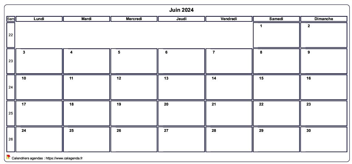 Calendrier juin 2024 personnalisable avec les vacances scolaires