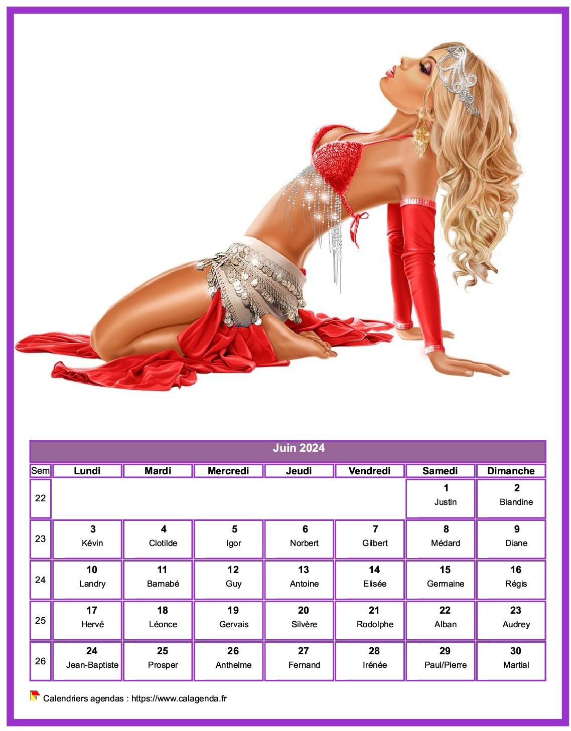 Calendrier juin 2024 femmes