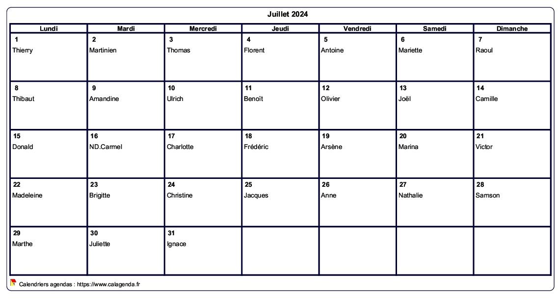 Calendrier juillet 2024 à imprimer vierge, avec les fêtes