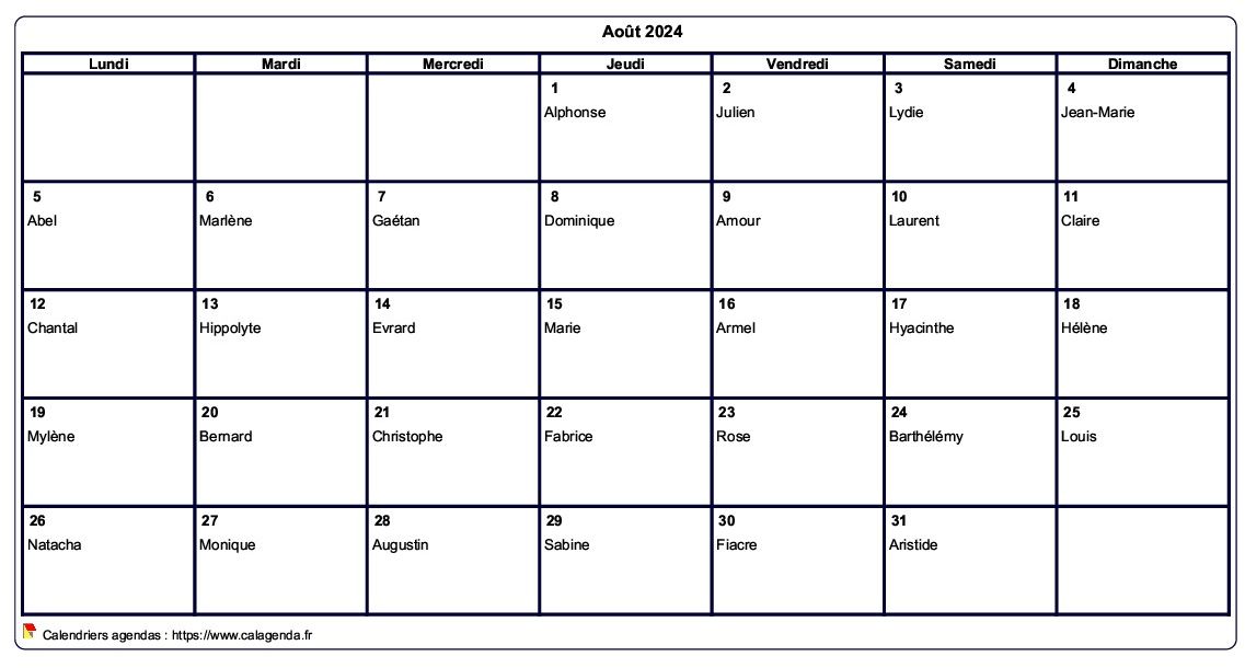 Calendrier août 2024 à imprimer vierge, avec les fêtes Calendrier août 2024 à imprimer vierge, avec les fêtes