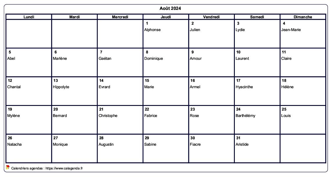 Calendrier août 2024 à imprimer vierge, avec les fêtes