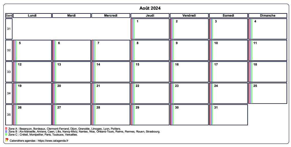 Calendrier août 2024 personnalisable avec les vacances scolaires Calendrier août 2024 personnalisable avec les vacances scolaires