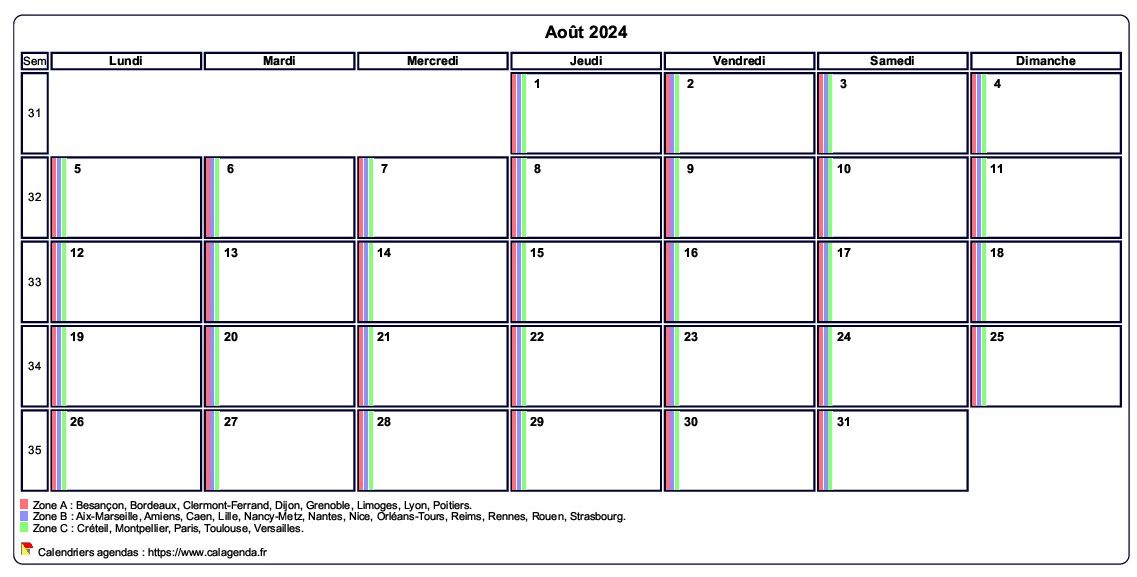 Calendrier août 2024 personnalisable avec les vacances scolaires