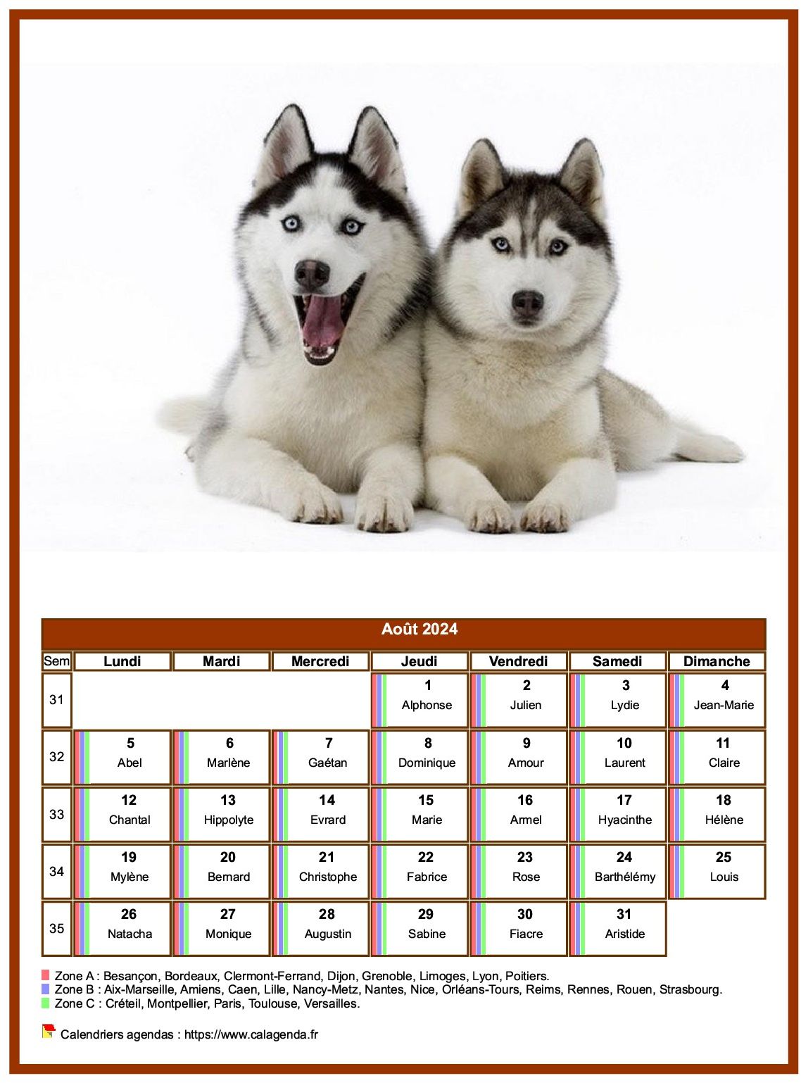 Calendrier août 2024 chiens