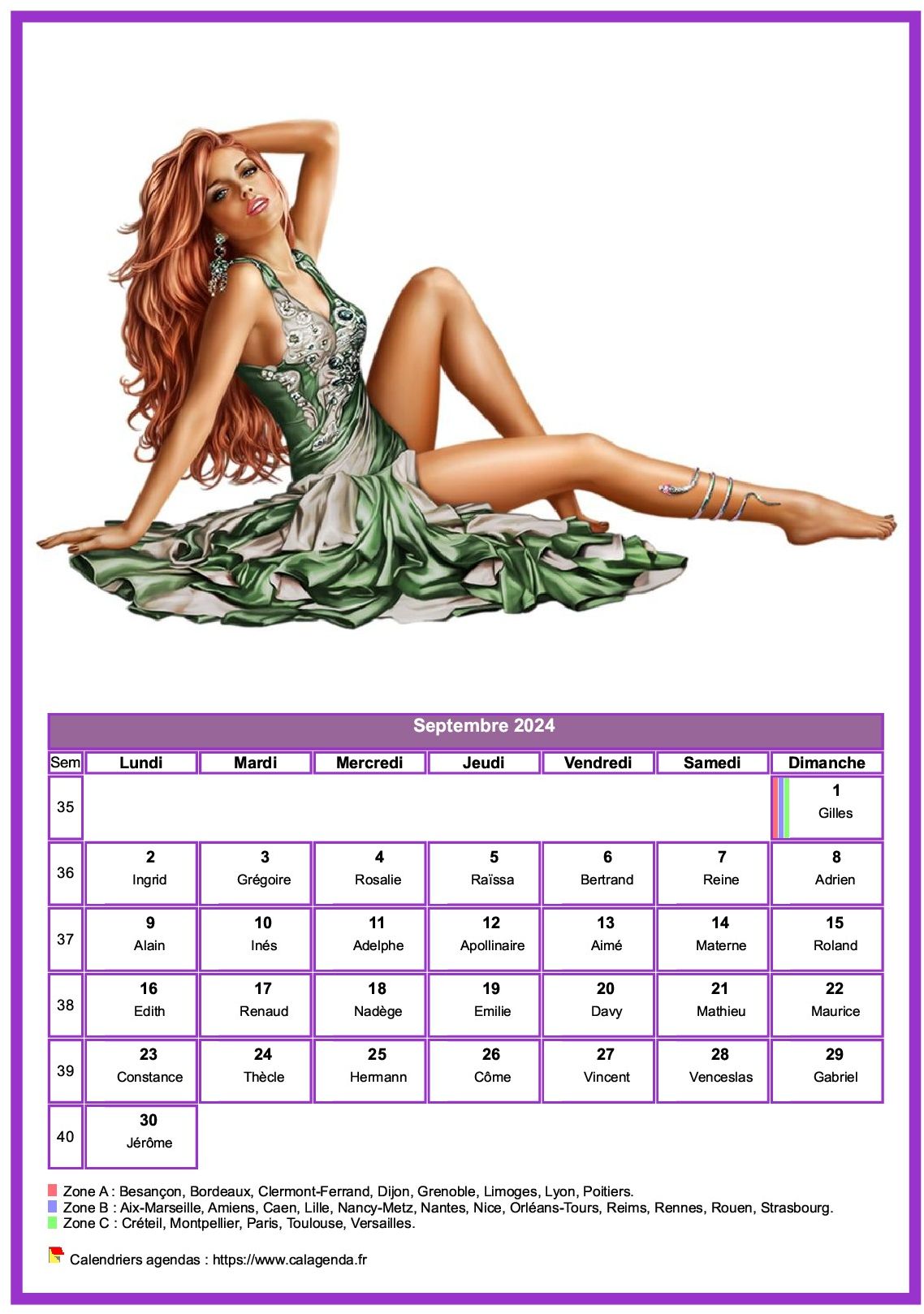 Calendrier septembre 2024 femmes
