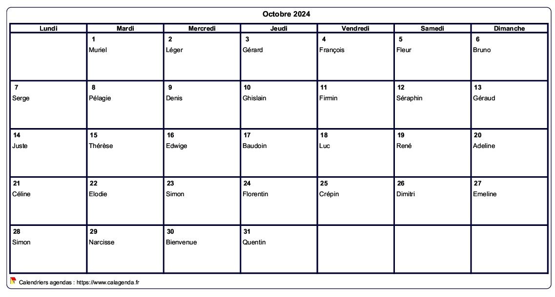 Calendrier octobre 2024 à imprimer vierge, avec les fêtes