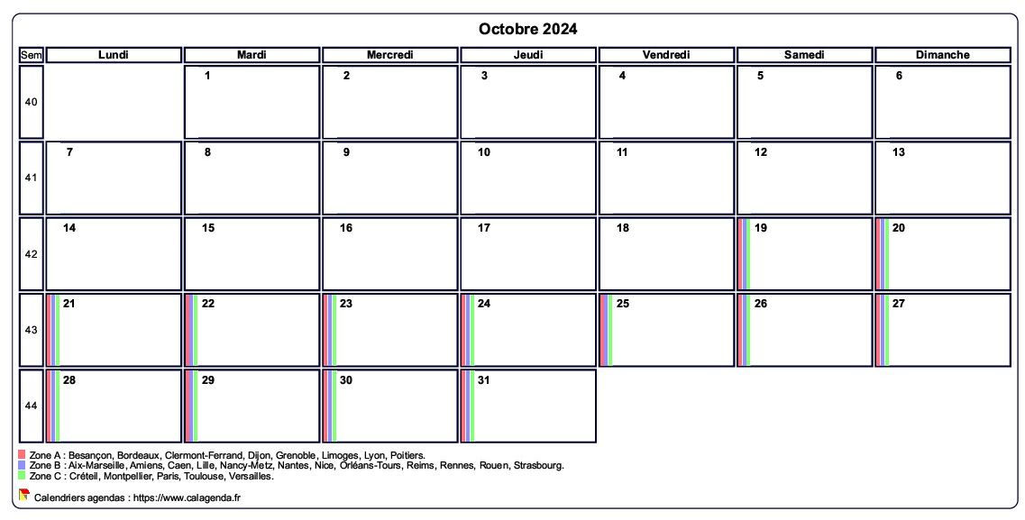 Calendrier octobre personnalisable avec les vacances scolaires