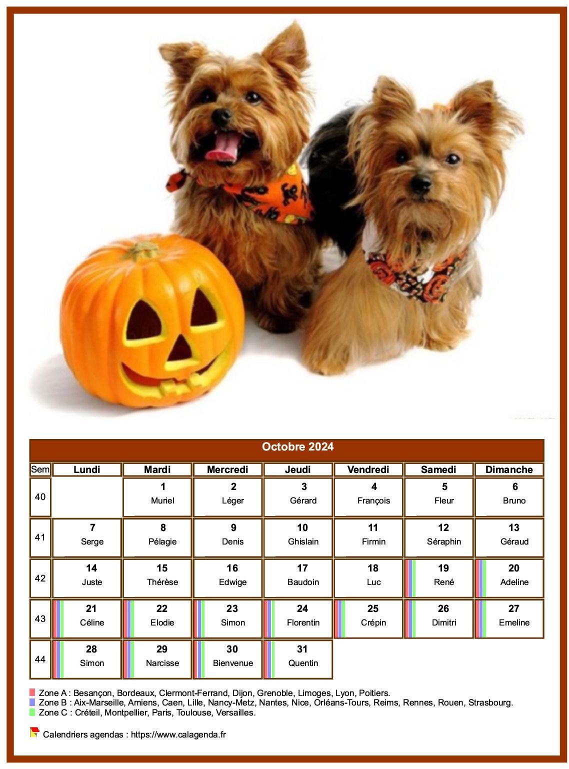 Calendrier octobre 2024 chiens