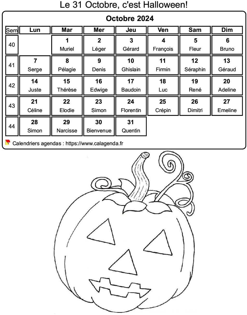 Calendrier 2024 à colorier du mois d'octobre