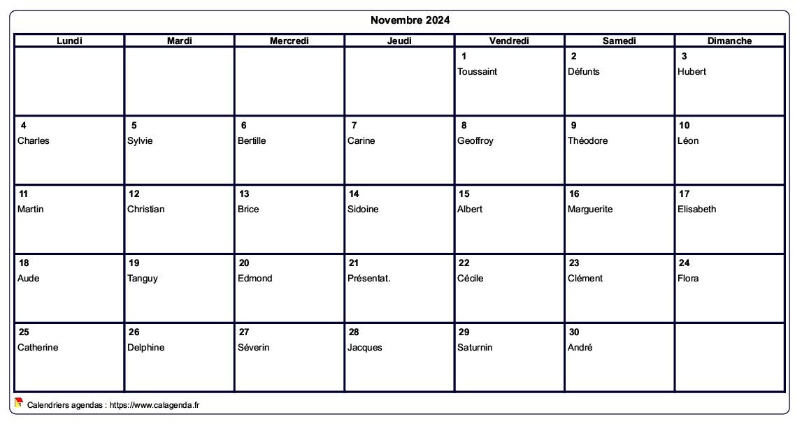 Calendrier novembre 2024 à imprimer vierge, avec les fêtes