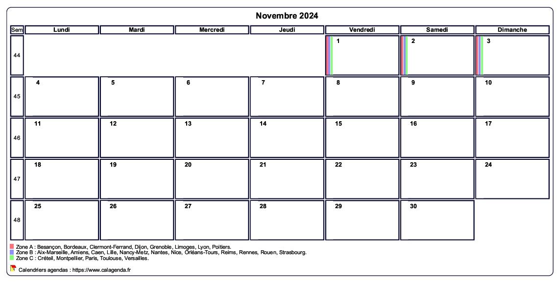 Calendrier novembre 2024 personnalisable avec les vacances scolaires