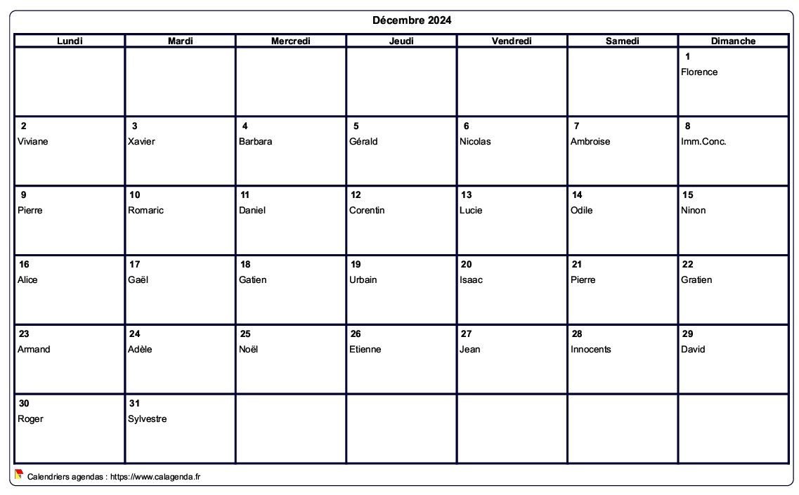 Calendrier décembre 2024 à imprimer vierge, avec les fêtes