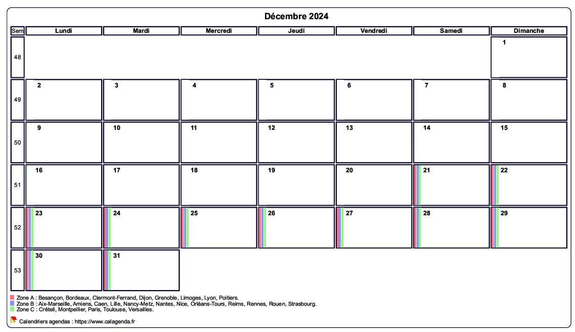 Calendrier décembre personnalisable avec les vacances scolaires