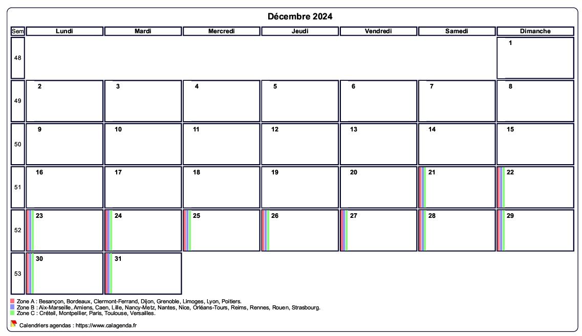 Calendrier décembre 2024 personnalisable avec les vacances scolaires Calendrier décembre 2024 personnalisable avec les vacances scolaires