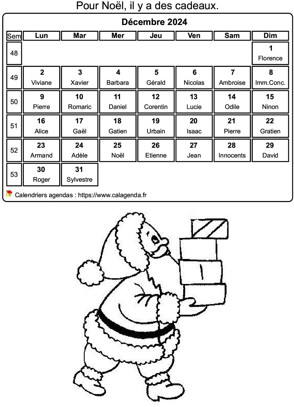 Calendrier 2024 à colorier du mois de décembre