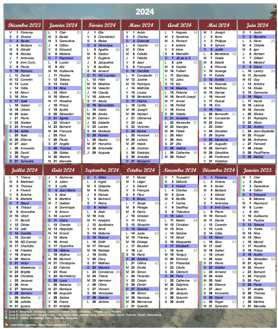 Calendrier 2024 à imprimer 14 mois avec les fêtes et les vacances scolaires