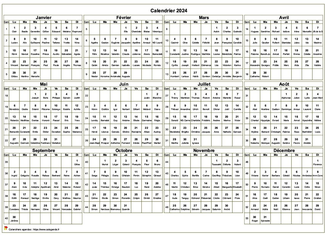 Calendrier 2024 à imprimer, annuel avec les fêtes, format paysage,  sous-main ou mural