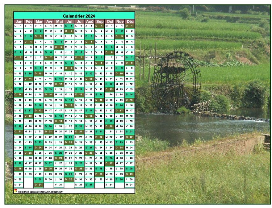 Calendrier 2024 annuel à imprimer, une colonne par mois, format paysage, placé sur une photographie