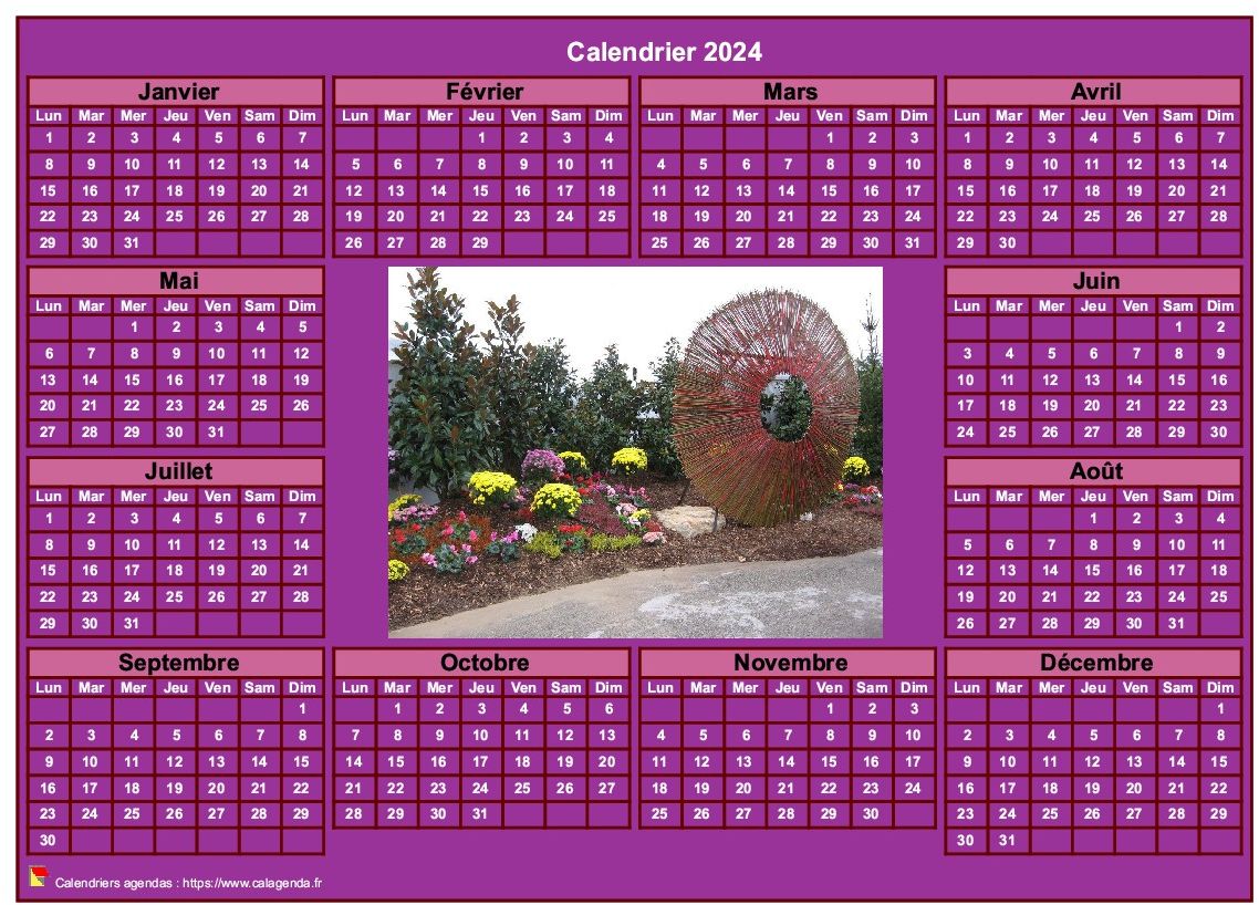 Calendrier 2024 photo annuel à imprimer, fond rose, format paysage, sous-main ou mural