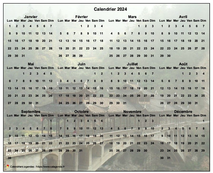 Calendrier 2024 annuel à imprimer, format paysage, quatre colonnes par trois lignes, par dessus une photo