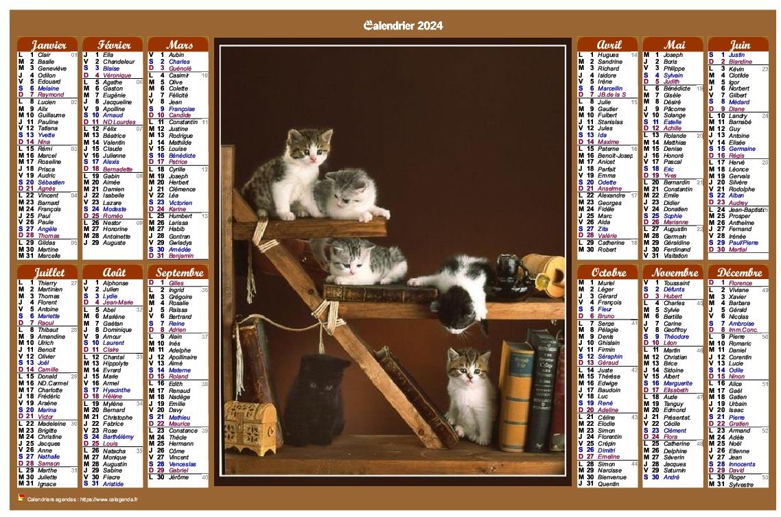Calendrier 2024 annuel de style calendrier des postes avec des chats