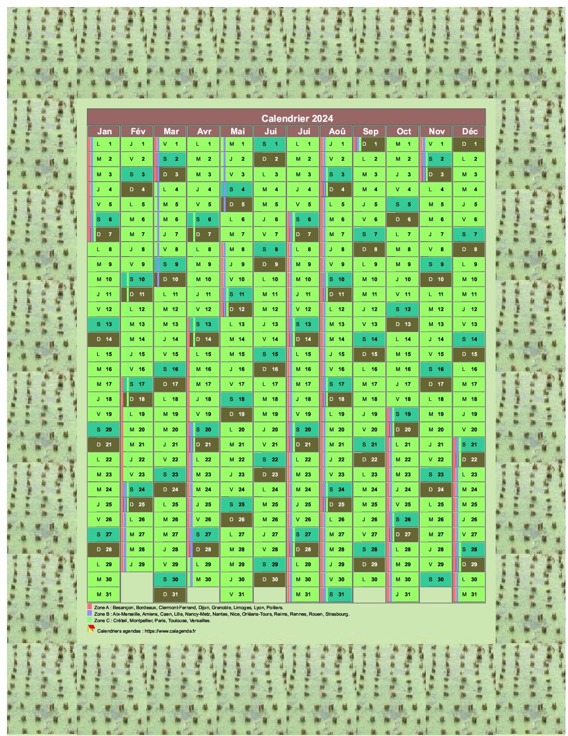 Calendrier 2024 annuel décoratif, 12 colonnes, cadre photo vert, avec les vacances scolaires