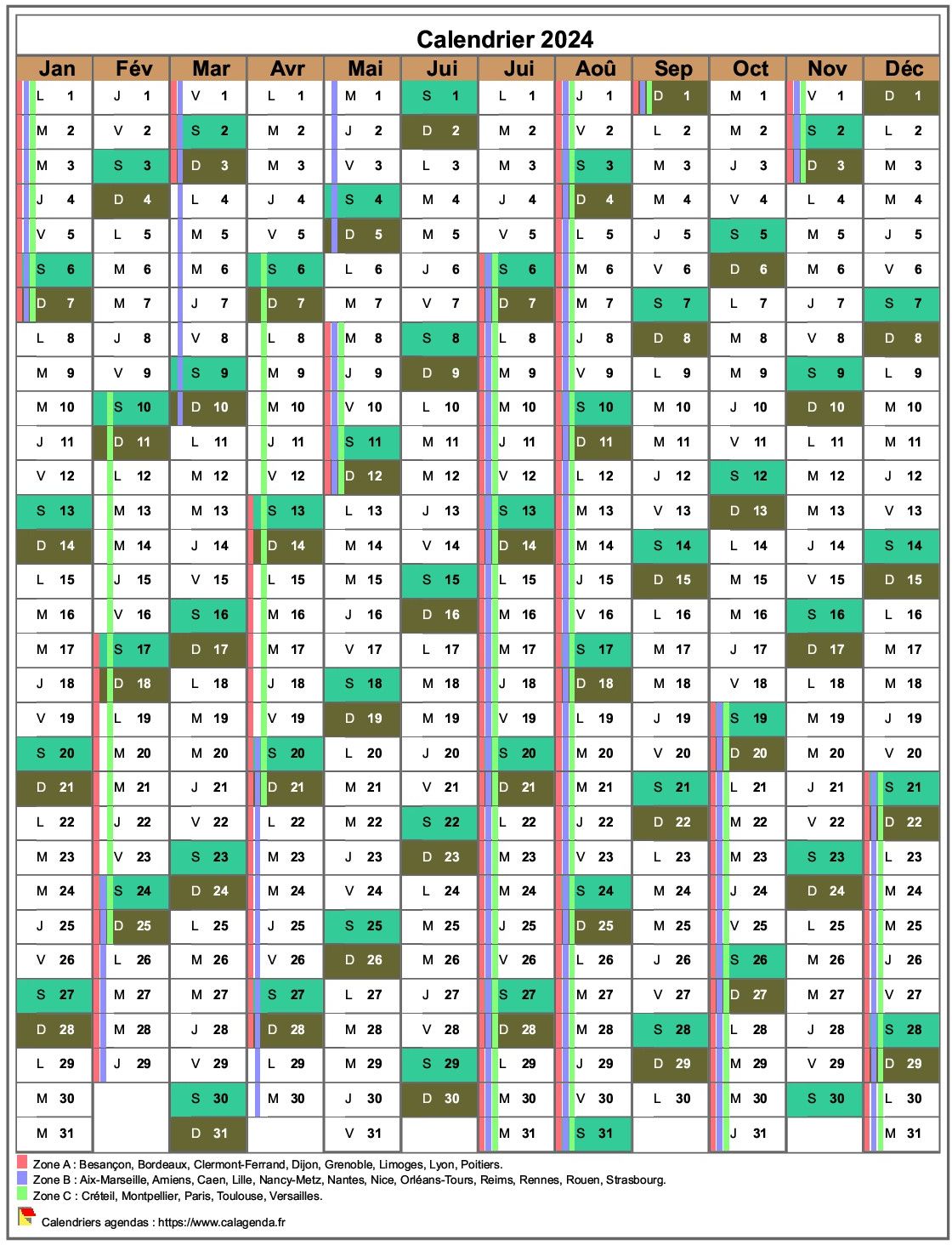 Calendrier 2024 annuel, 12 colonnes, avec les vacances scolaires