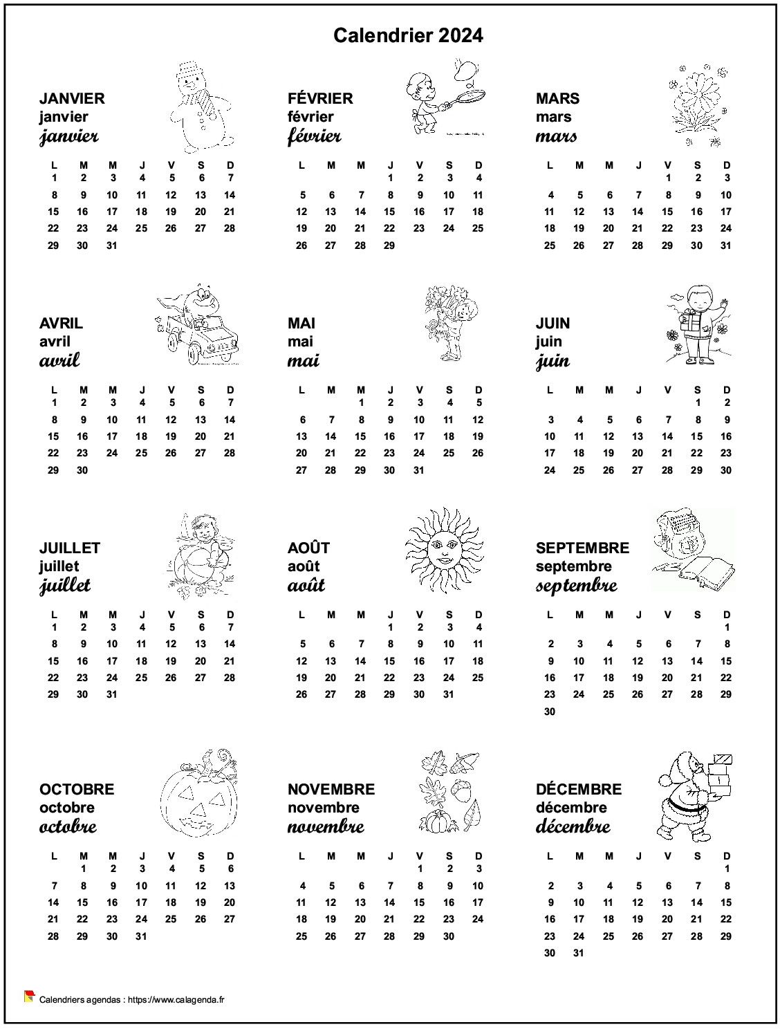 Calendrier 2024 annuel école primaire et maternelle