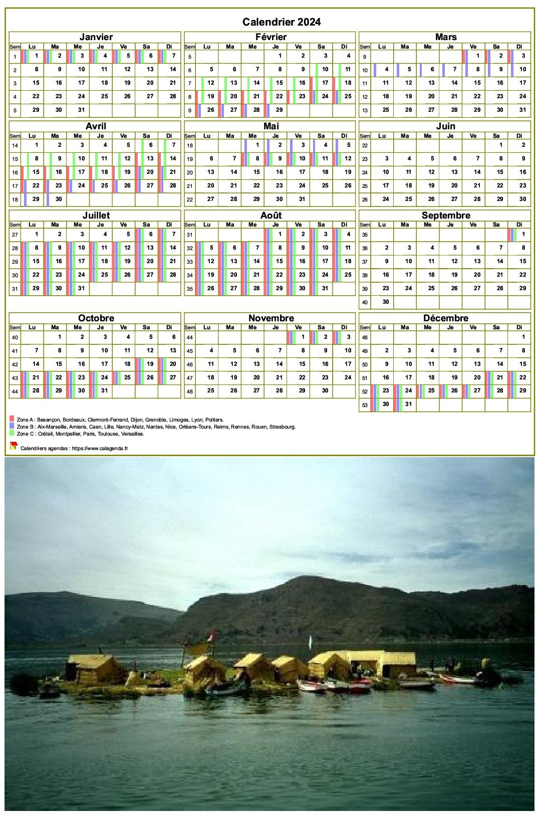 Calendrier 2024 annuel, 3 colonnes, une ligne par trimestre (format portrait avec photo)