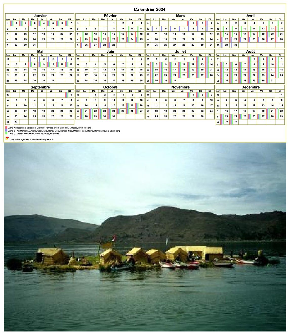 Calendrier 2024 annuel, 4 colonnes, 3 lignes, format portrait avec photo