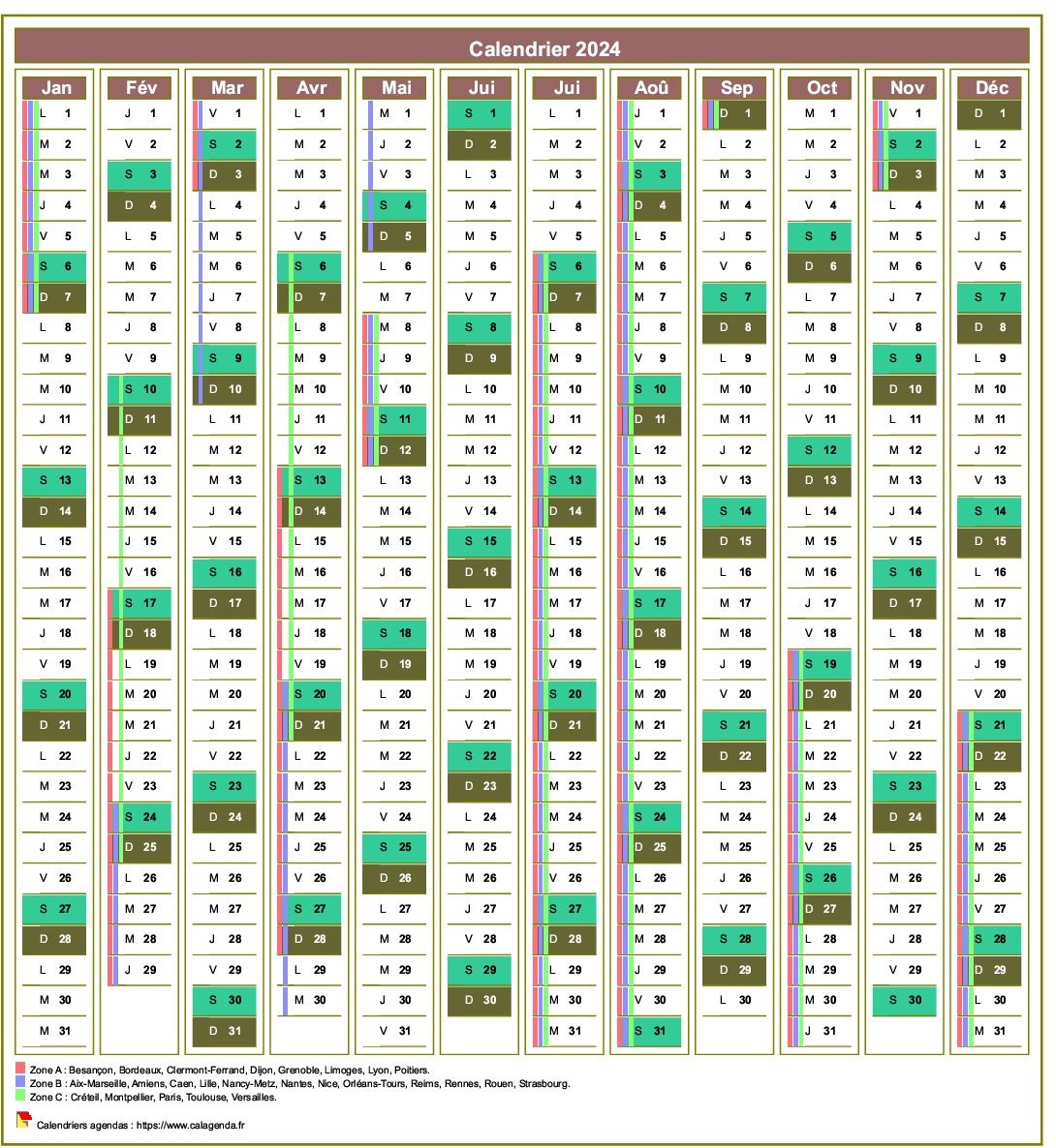 Calendrier 2024 annuel de 12 colonnes, avec agenda synthétique Calendrier 2024 annuel de 12 colonnes, avec agenda synthétique