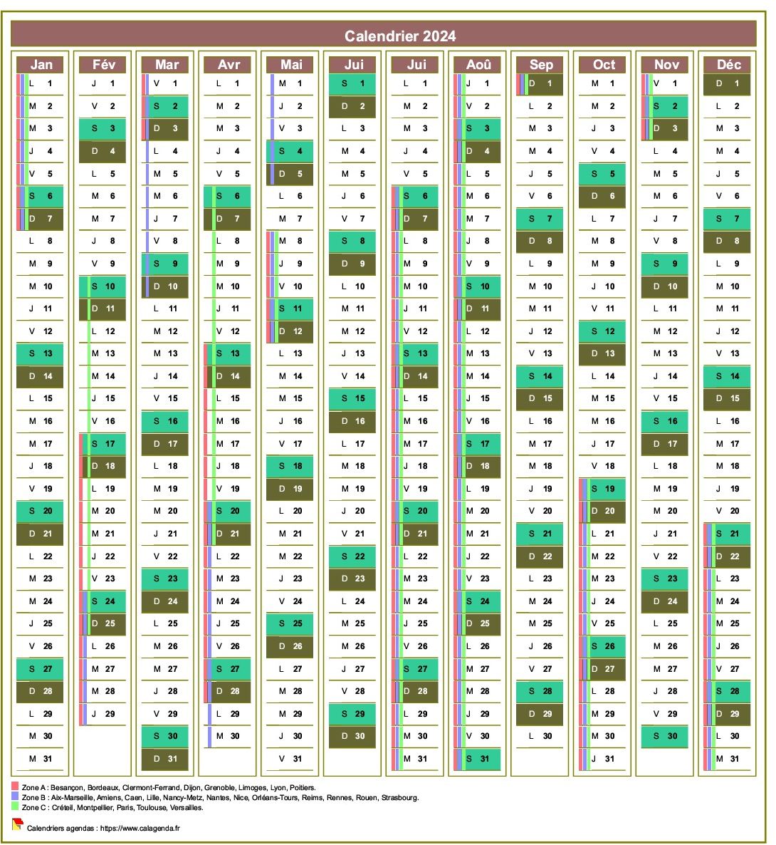 Calendrier 2024 annuel de 12 colonnes, avec agenda synthétique