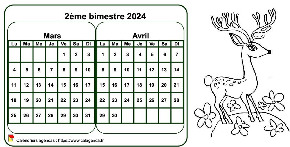 Calendrier à colorier bimestriel, format paysage, pour enfants