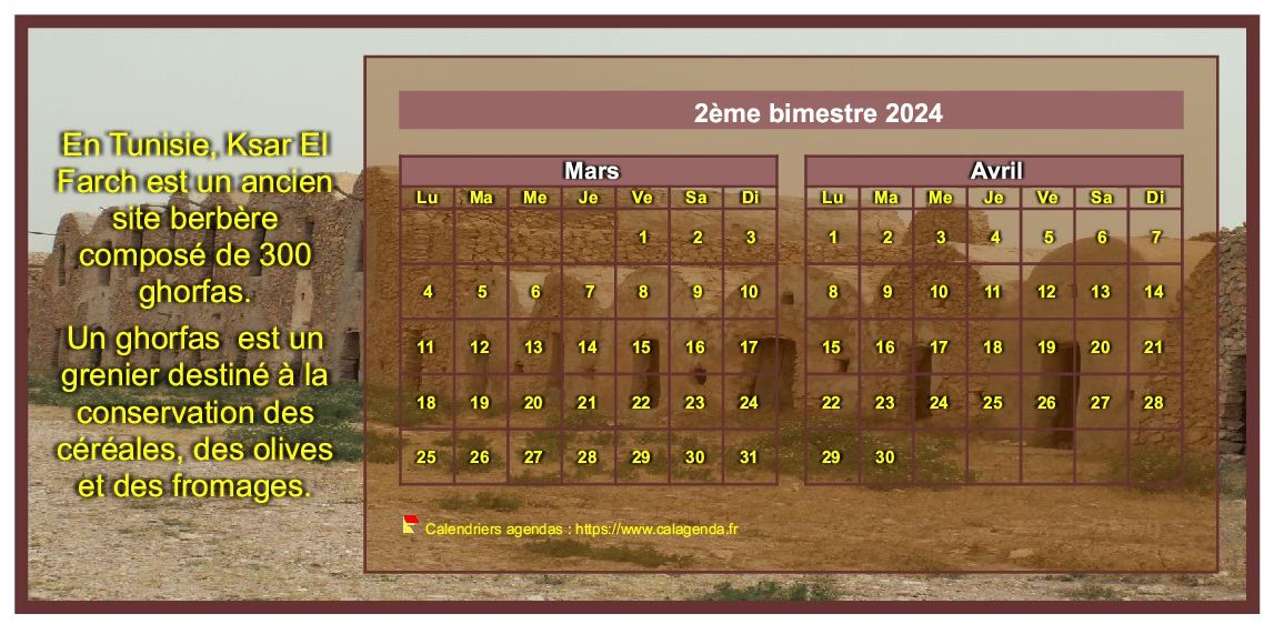 Calendrier 2024 semestriel avec bordure