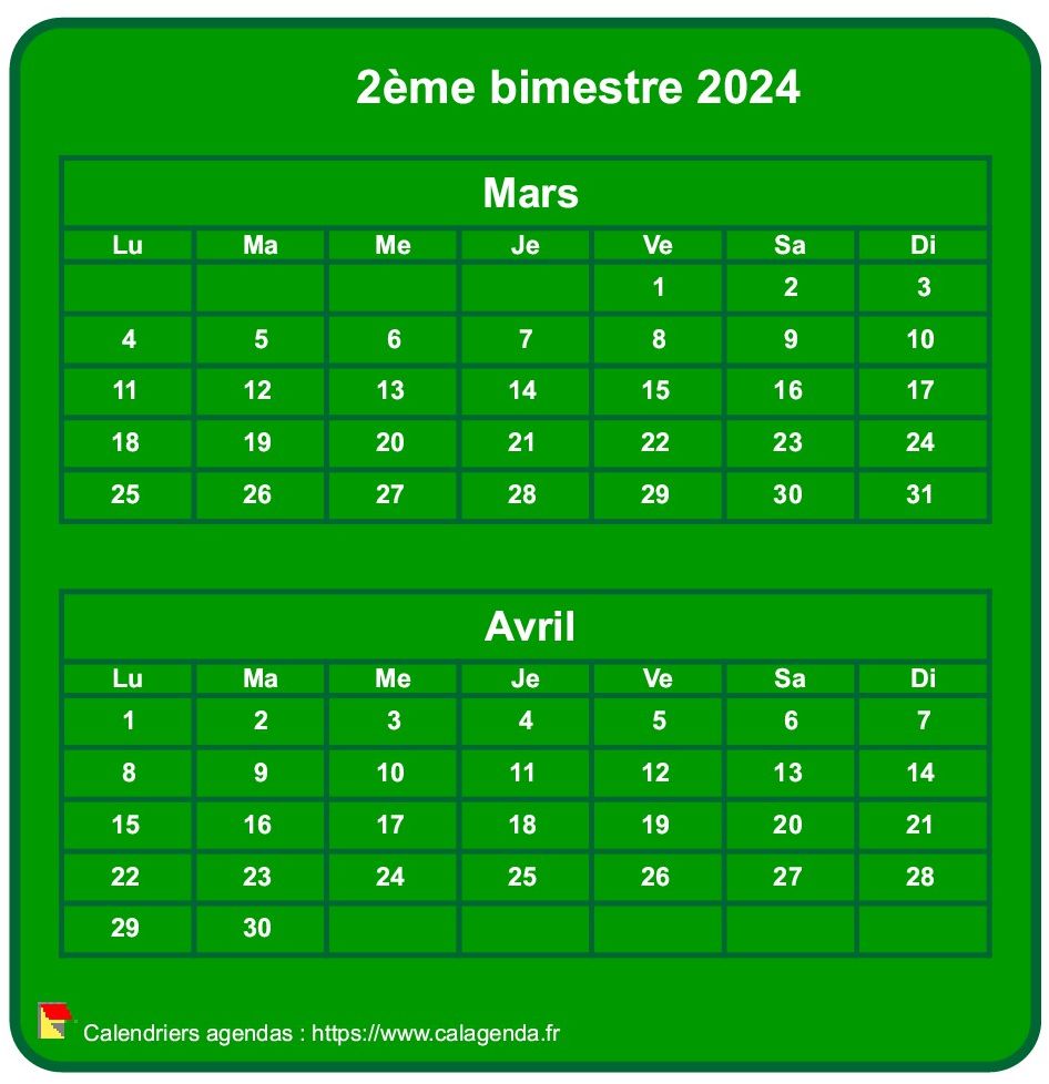 Calendrier 2024 à imprimer bimestriel, format mini de poche, vertical, fond vert
