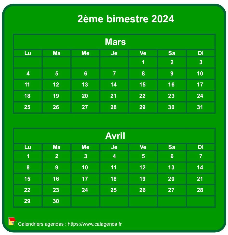 Calendrier 2024 à imprimer bimestriel, format mini de poche, vertical, fond vert