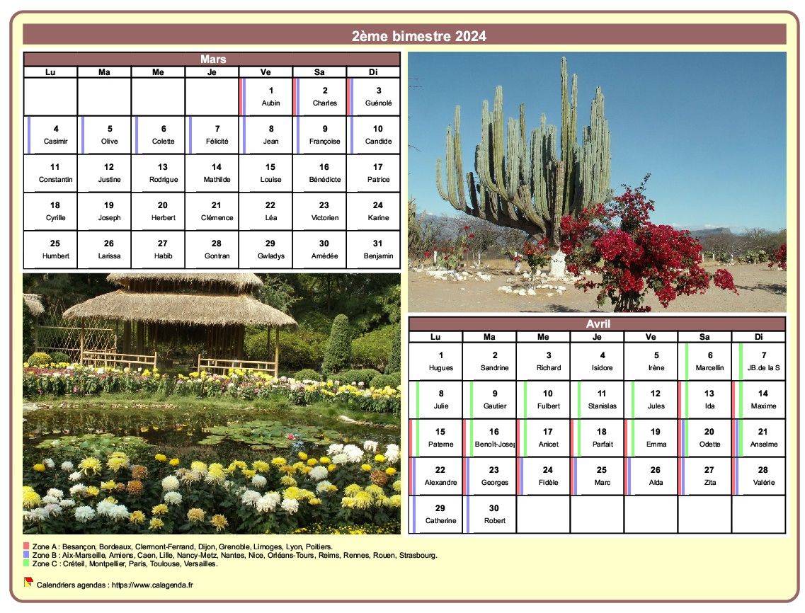 Calendrier bimestriel avec une photo différente chaque mois