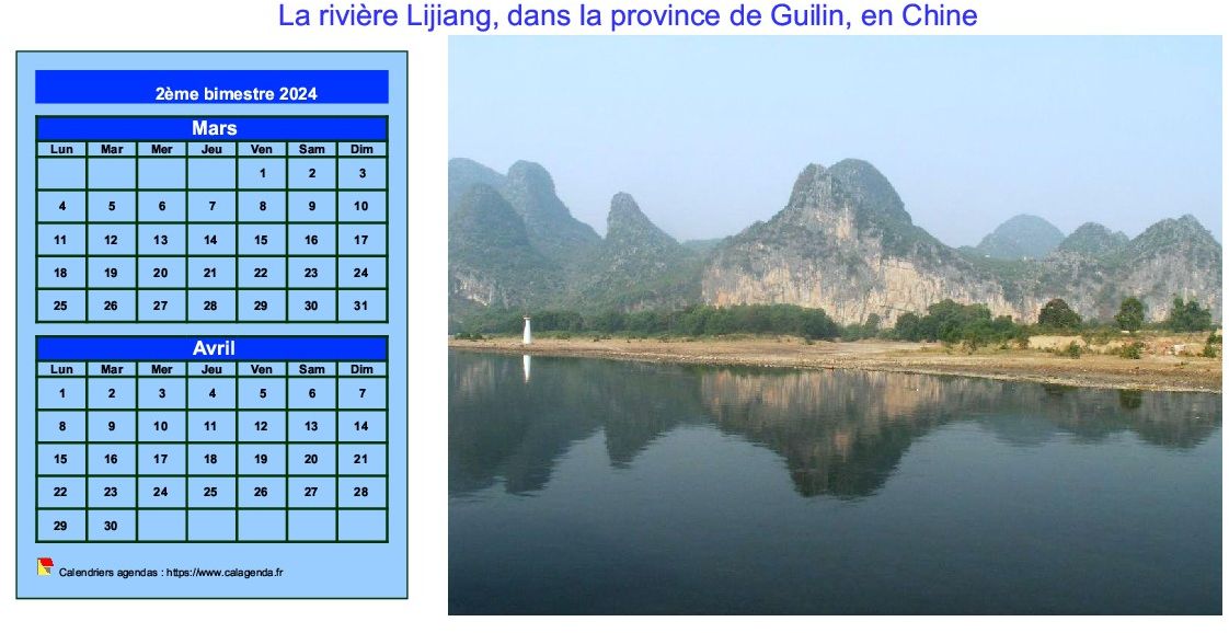 Calendrier décoratif à imprimer, bimestriel, format paysage, avec photo à droite