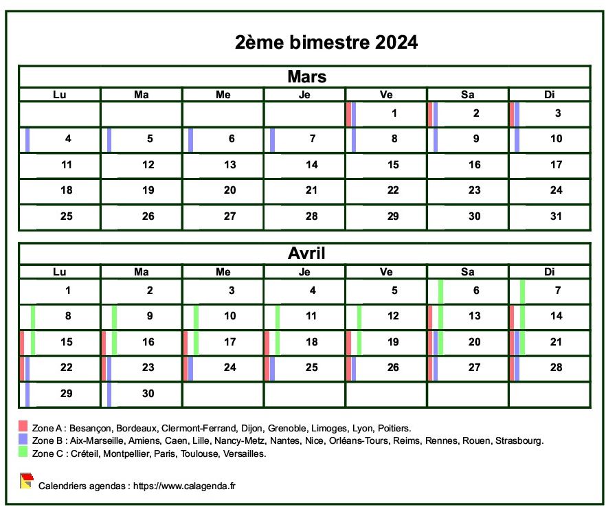 Calendrier 2024 à imprimer bimestriel, format mini de poche, avec les vacances scolaires Calendrier 2024 à imprimer bimestriel, format mini de poche, avec les vacances scolaires