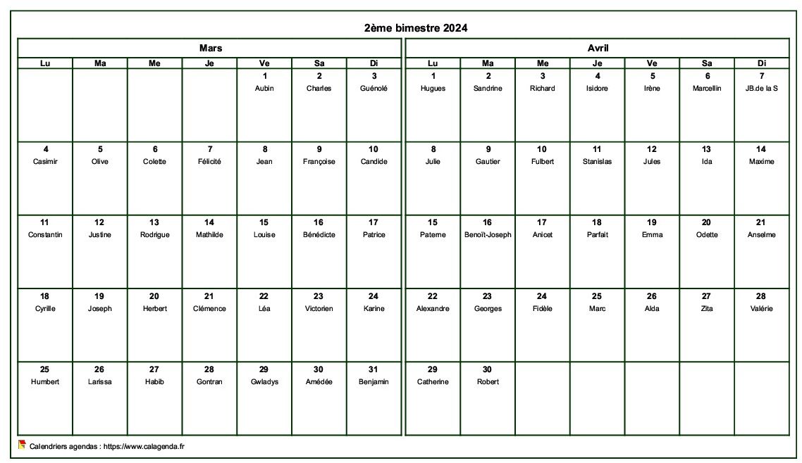 Calendrier 2024 bimestriel, format paysage, avec les fêtes