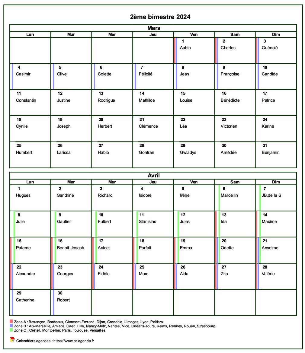 Calendrier bimestriel, format portrait, avec les fêtes et les vacances scolaires