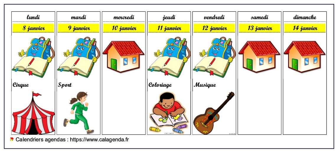 Calendrier hebdomadaire pour les écoles maternelles