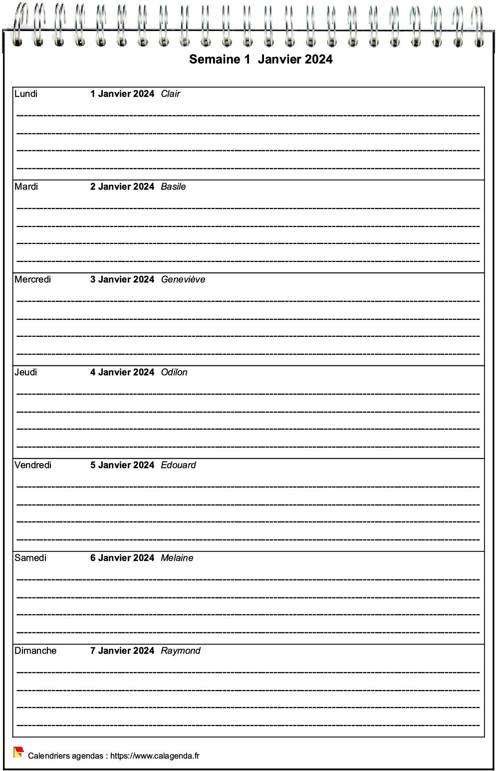 Calendrier hebdomadaire à imprimer de format portrait Calendrier hebdomadaire à imprimer de format portrait