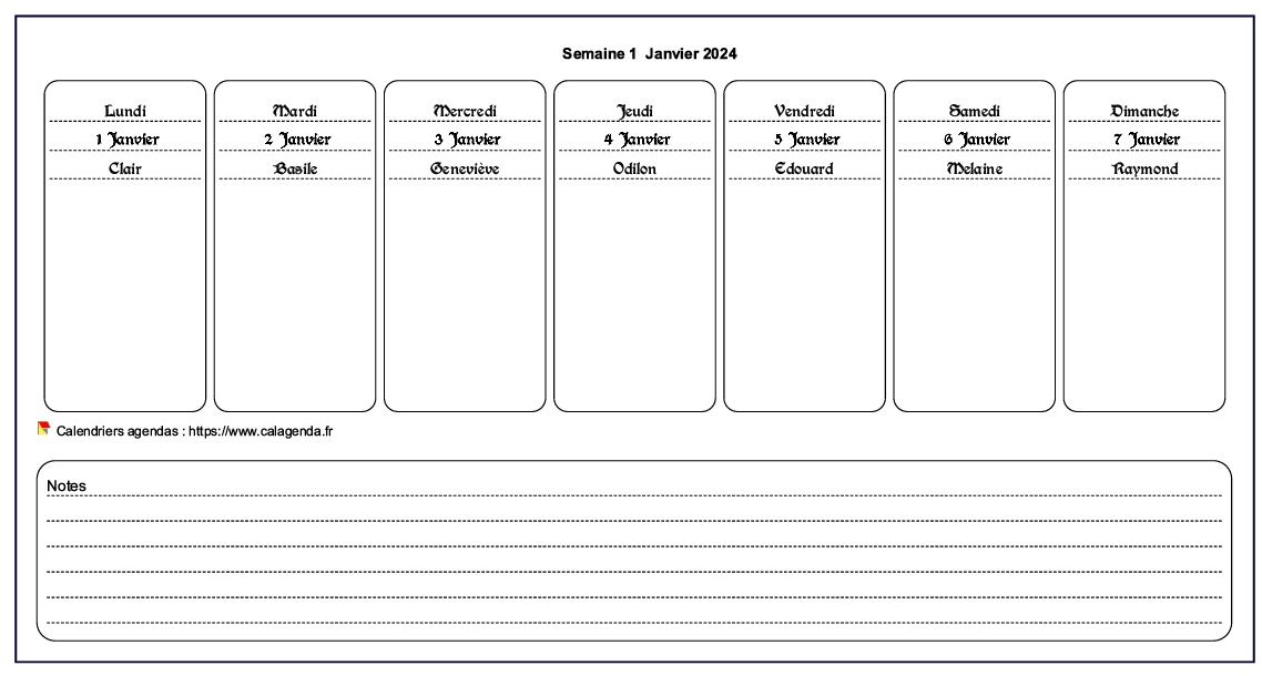Calendrier hebdomadaire à imprimer de format paysage avec notes en bas de page