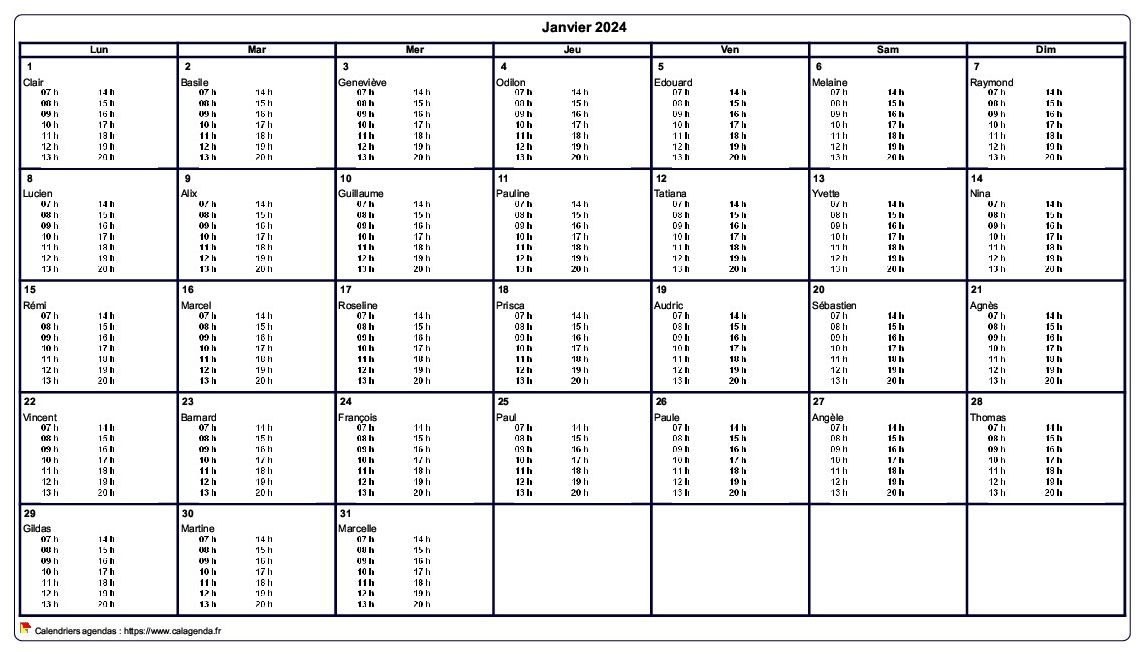 Calendrier mensuel 2024 à imprimer vierge, avec les horaires dans chaque case